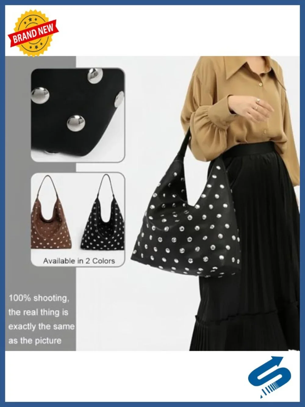 Vegan Leather Studded Hobo Bag Women Soft Slouchy Y2K Punk Shoulder Purse